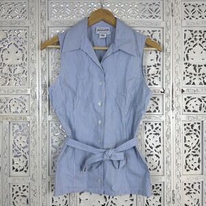 Worthington Pinstripe Sleeveless Button Up Blouse With Tie Womens S Beachy